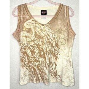 Womens HARLEY DAVIDSON Tank Top Eagle Brown & Cream Metallic Gold Vintage Y2K XL
